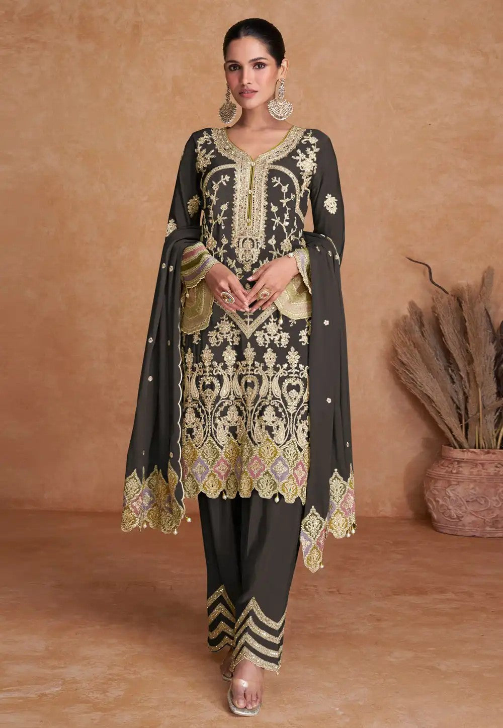 Black Heavy Chinnon with Embroidered & Sequin Work Kurta, Pant, and Dupatta Set