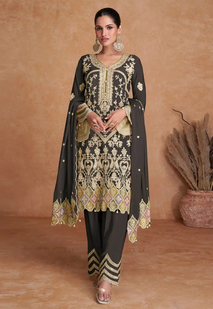 Black Heavy Chinnon with Embroidered & Sequin Work Kurta, Pant, and Dupatta Set