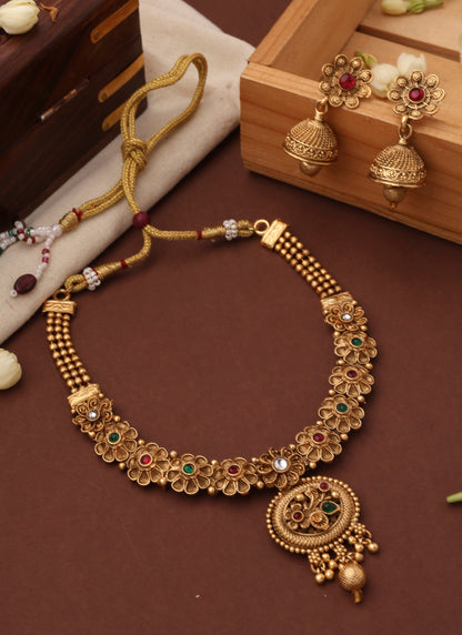 Gold Plated Temple Necklace Set with Flower Motif