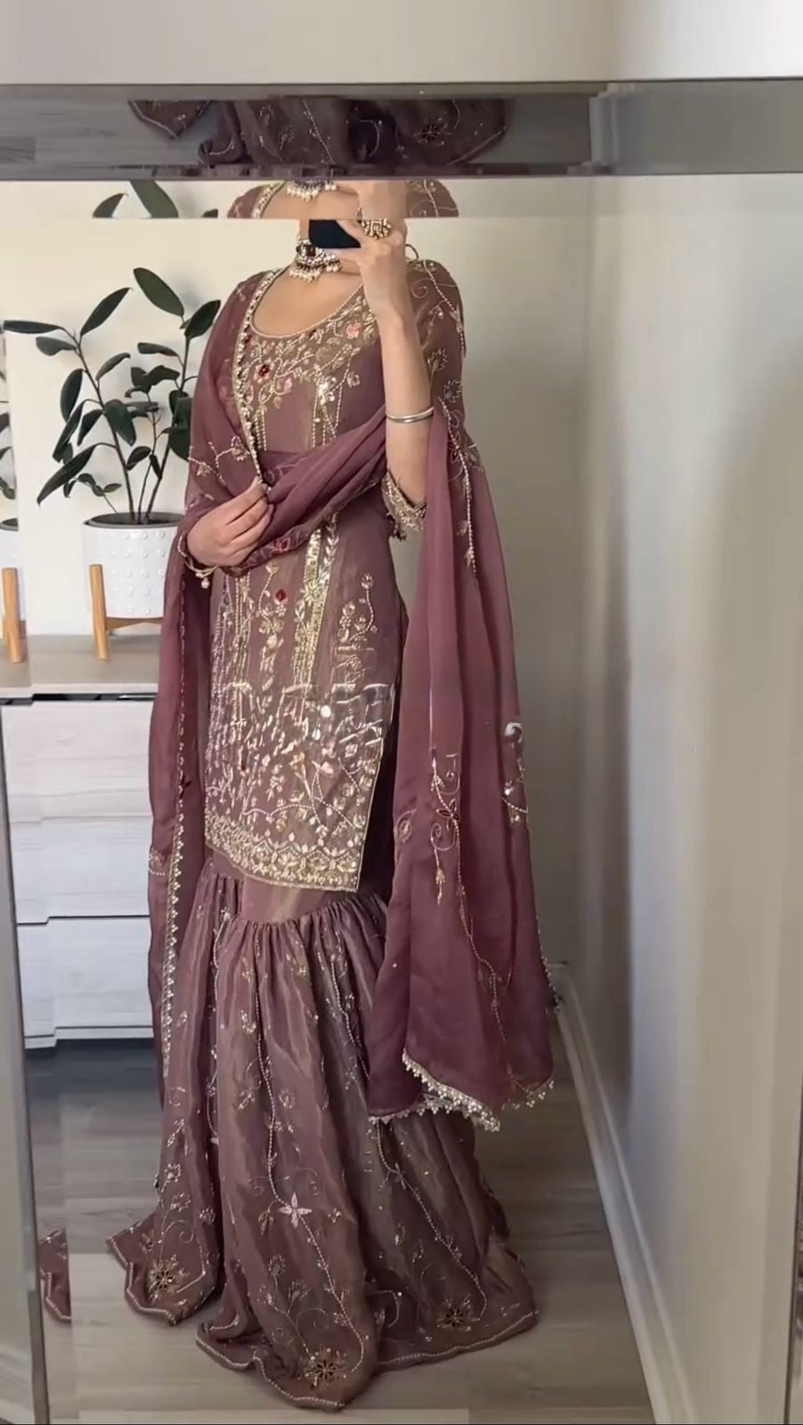 Onion Pink Sequins Shimmer Readymade Suit