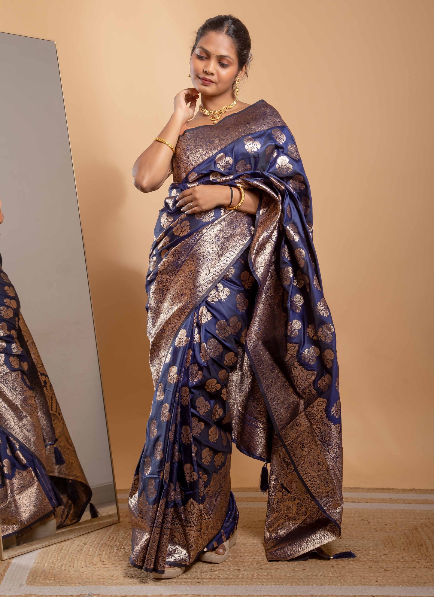 Navy Blue Zari Woven Saree with Floral Motifs and Grand Border