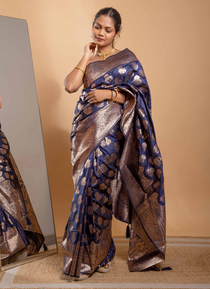 Navy Blue Zari Woven Saree with Floral Motifs and Grand Border
