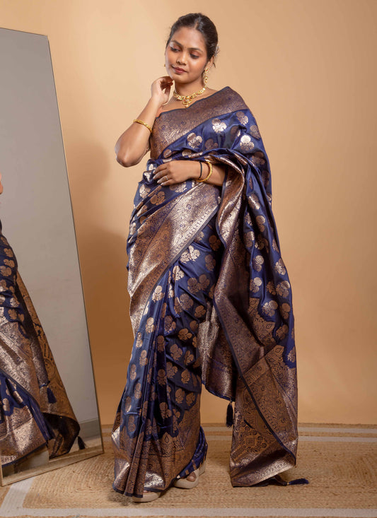 Navy Blue Zari Woven Saree with Floral Motifs and Grand Border