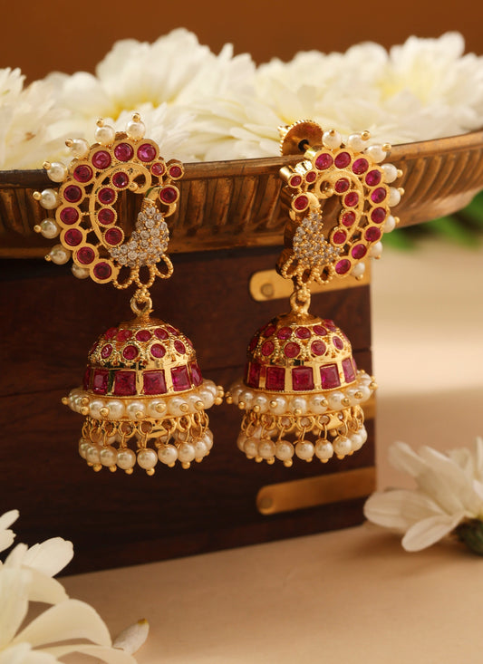 Gold Pearl and Pink Stone Jhumkas