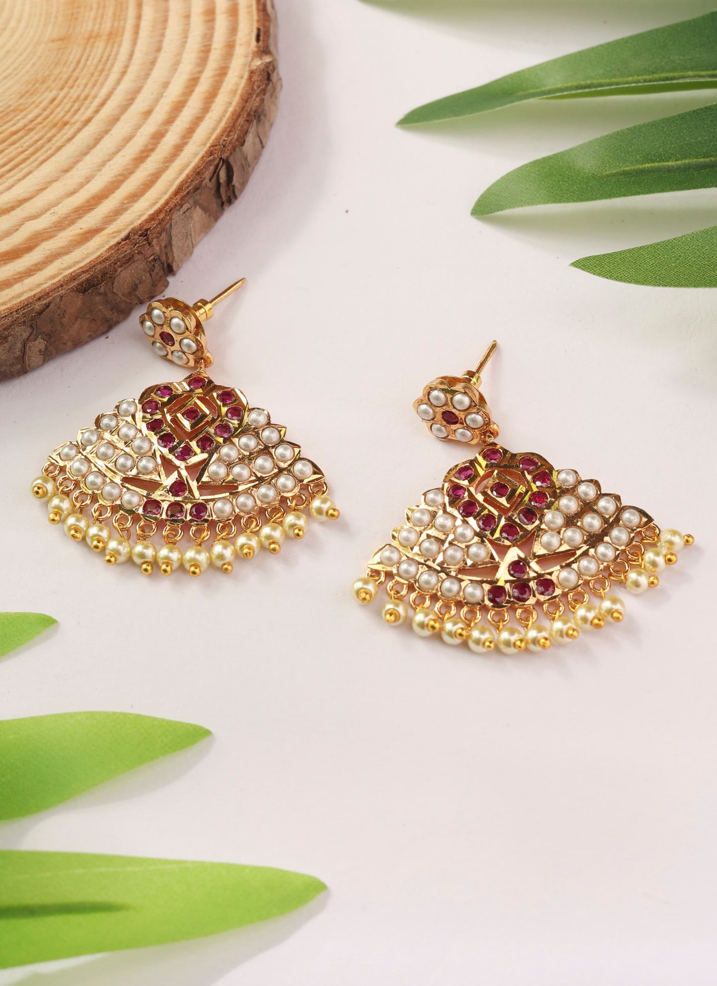 Gold Dangler Earrings with White and Red Stones