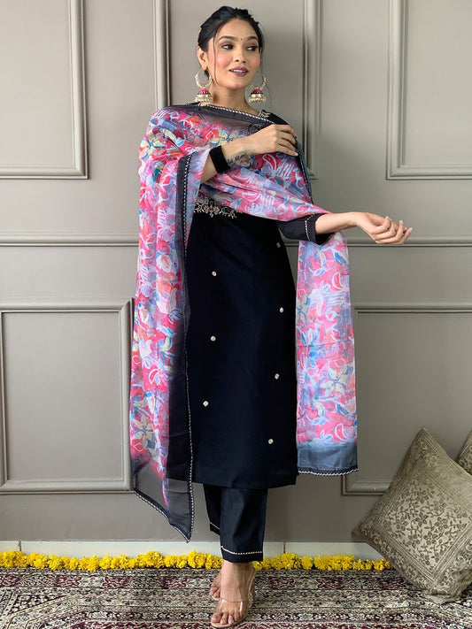Black rayon embroidered kurta pant with dupatta