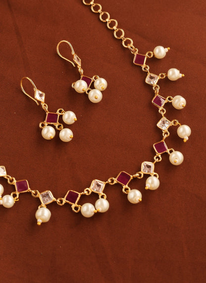 American Diamond Necklace with Pink Stones and Pearls