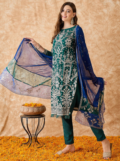 Semi Stitched Pakistani Suit in Green Georgette with Detailed Embroidery and Dupatta