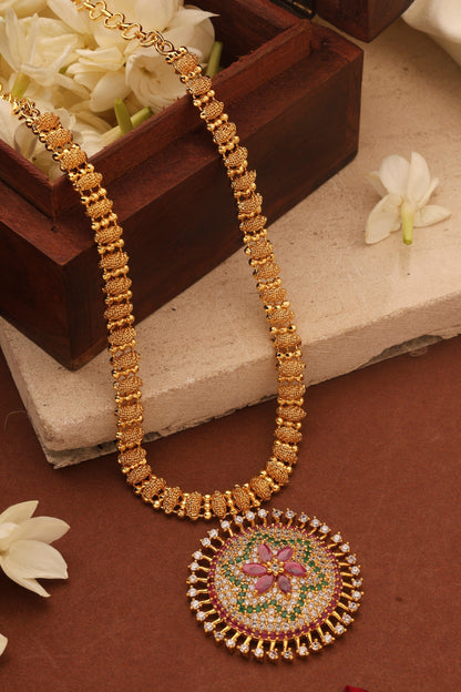 Elegant Gold Plated Necklace with American Diamond Floral Pendant