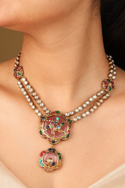 Colourful Flower Pendant Necklace with Transparent Stone Chain and Matching Earrings