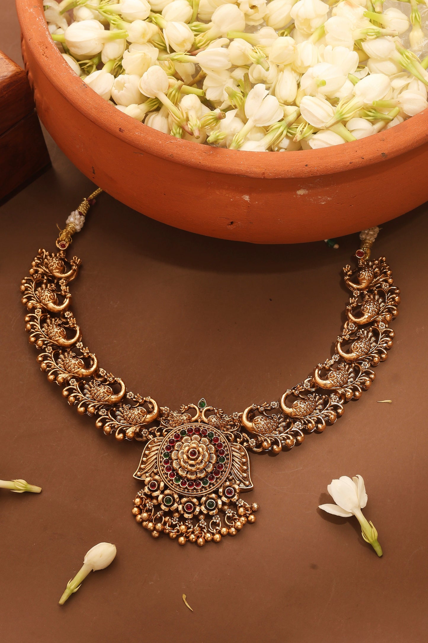 Gold Plated Temple Necklace Set with Peacock Motif