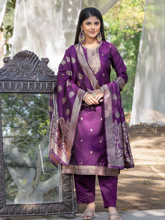 Purple silk blend jacquard kurta pant with dupatta