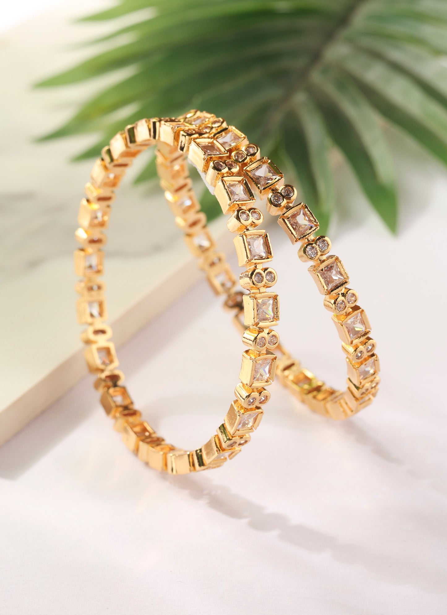 Gold Bangles with American Diamonds - Set of two