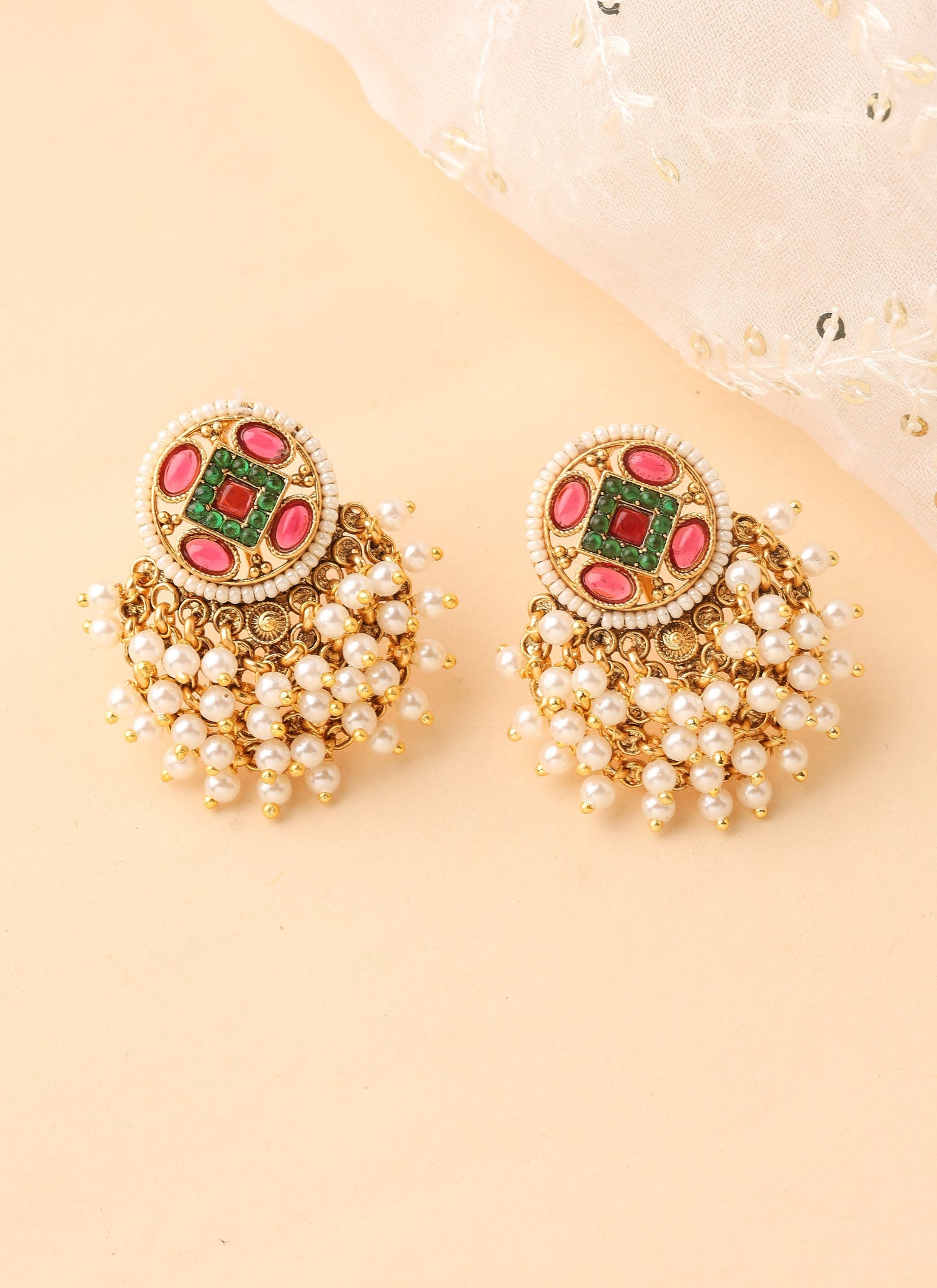 Stud Earrings with Pearls and Multicolour Stones