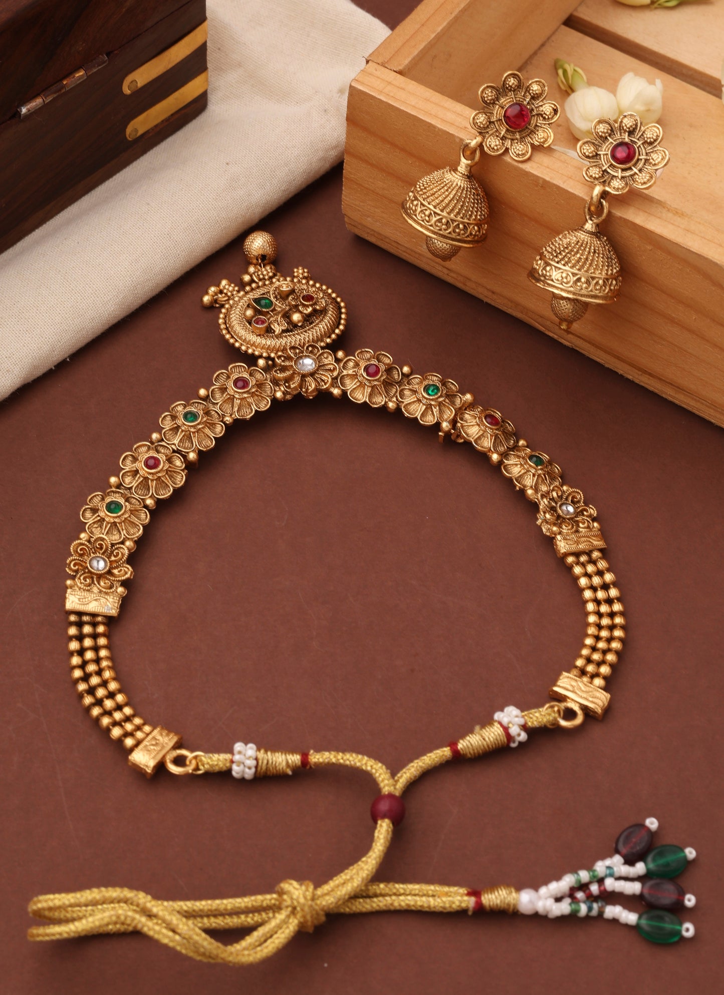 Gold Plated Temple Necklace Set with Flower Motif