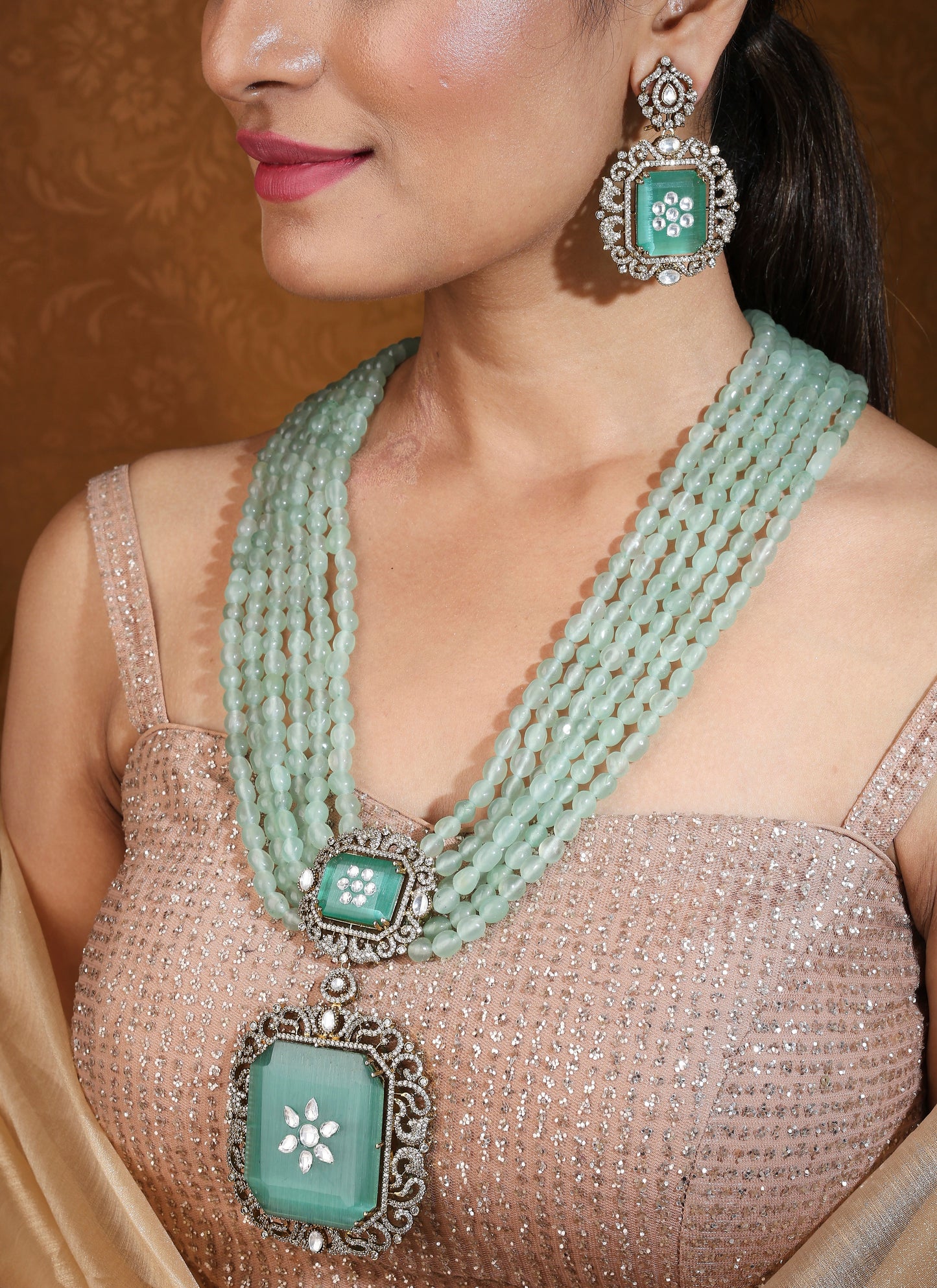 Long Maharani Haar with Mint Green Beads and Statement Pendant