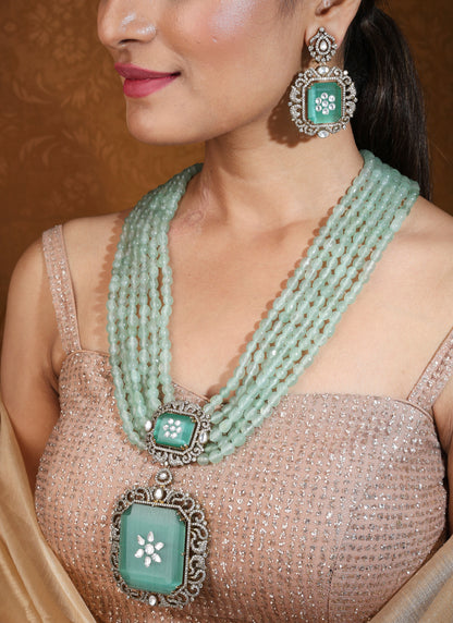 Long Maharani Haar with Mint Green Beads and Statement Pendant