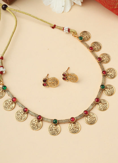 High Gold Necklace Set with Dangling Coins and Matching Earrings