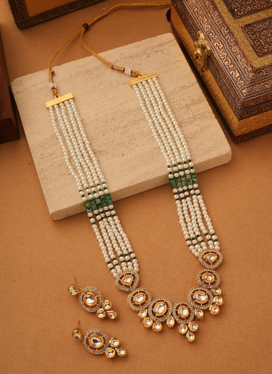 Long White Stone Necklace Set with Kundan Pendant