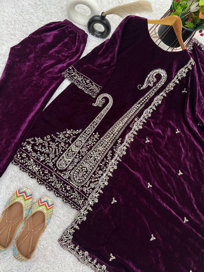 Purple Viscose Velvet Heavy Embroidery Sequins Work Kurta Set with Dupatta