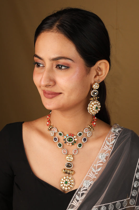 Curved Colourful Stone Necklace with Engraved Circle Pendant and Matching Earrings