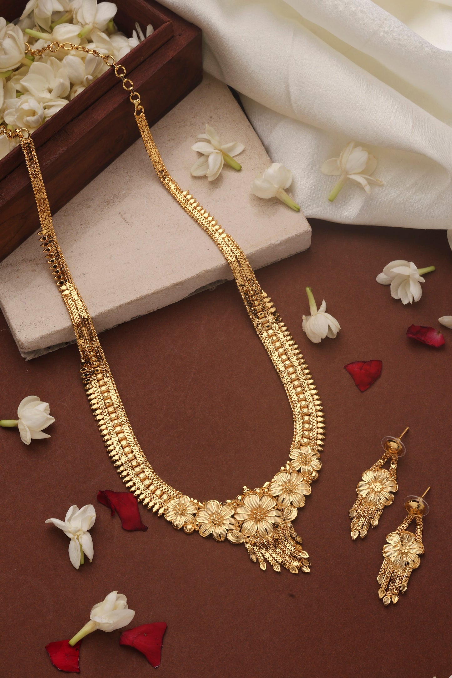 Gold Plated Long Necklace Set with Floral Designs