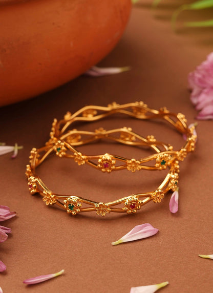 Gold-Plated Flower-Designed Stone-Studded Bangles
