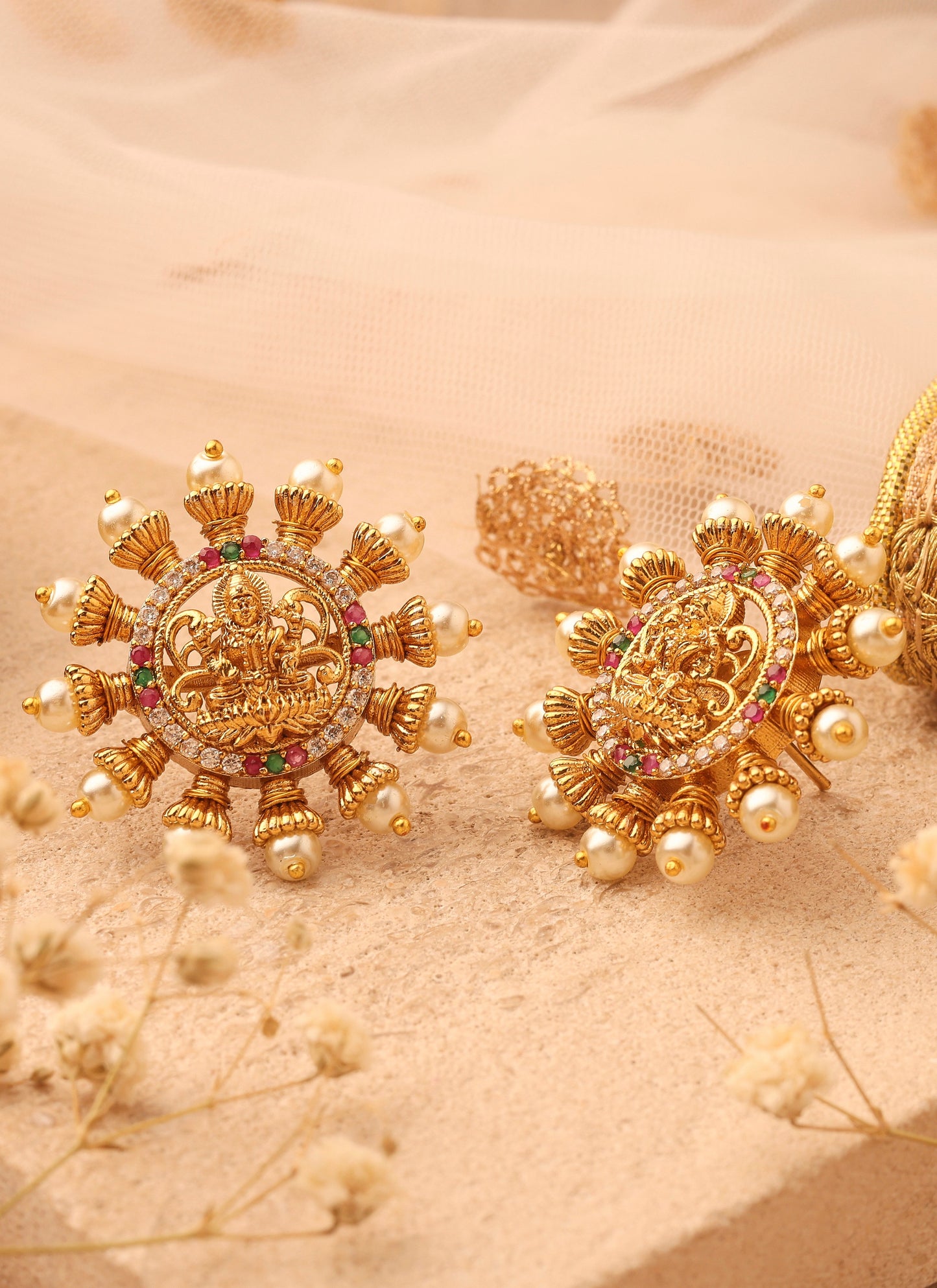 Gold Stud Earrings with Laxmi Motif