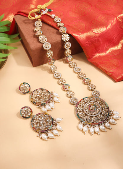 Antique Gold Necklace with Multicolour Stones and Matching Earrings