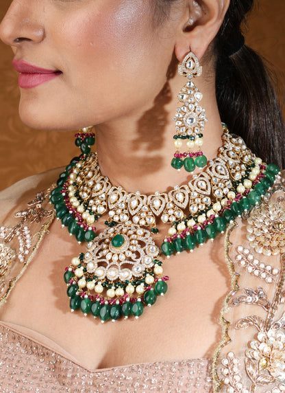 Bridal Choker with Kundan and American Stones Featuring Green Drops