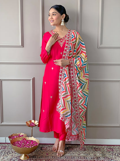 Red Women Embroidered Viscose Kurta, Pant, and Dupatta Set