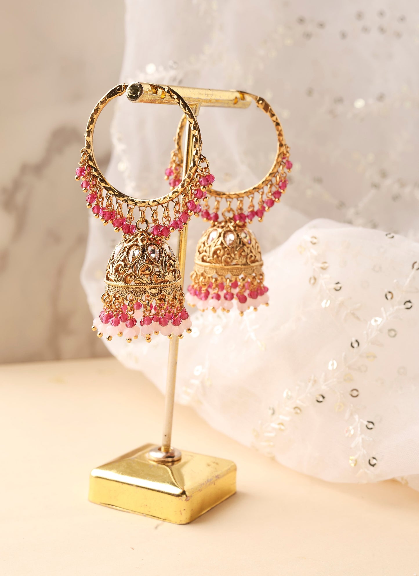 Gold Hoops with Jhumkas and Pink Bead Accents