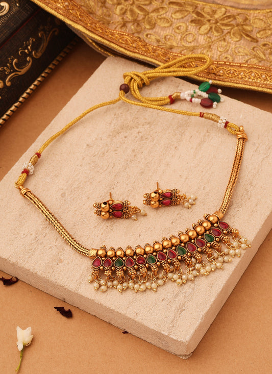 Red and Green Stone Necklace with Golden Jhumkis and Bead Accents