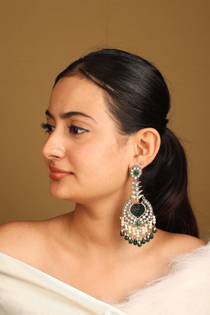 Statement Earrings with Green Accents and Pearl Danglers