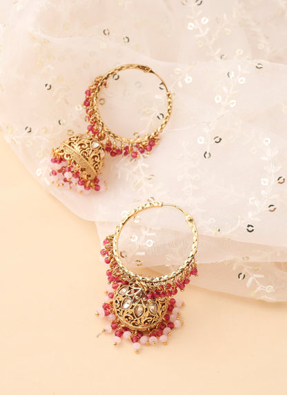 Gold Hoops with Jhumkas and Pink Bead Accents