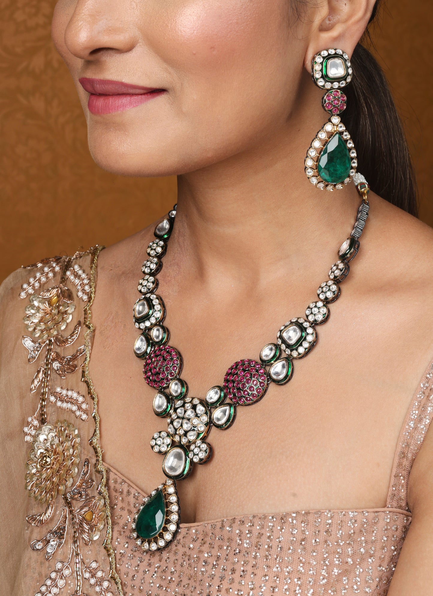 Jaipur Jadau Work Necklace Set with Earrings and Maang Tikka in Kundan Stones