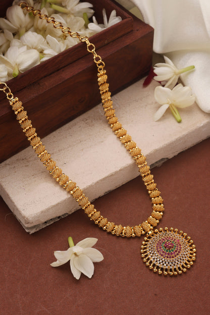 Gold Plated Necklace with Round American Diamond Stone Studded Pendant