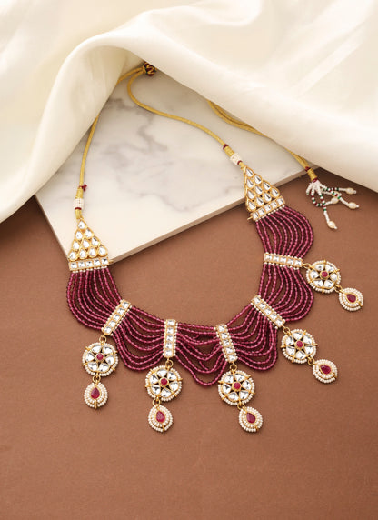 Red Beads Necklace Set with Contrast Pendant and Earrings