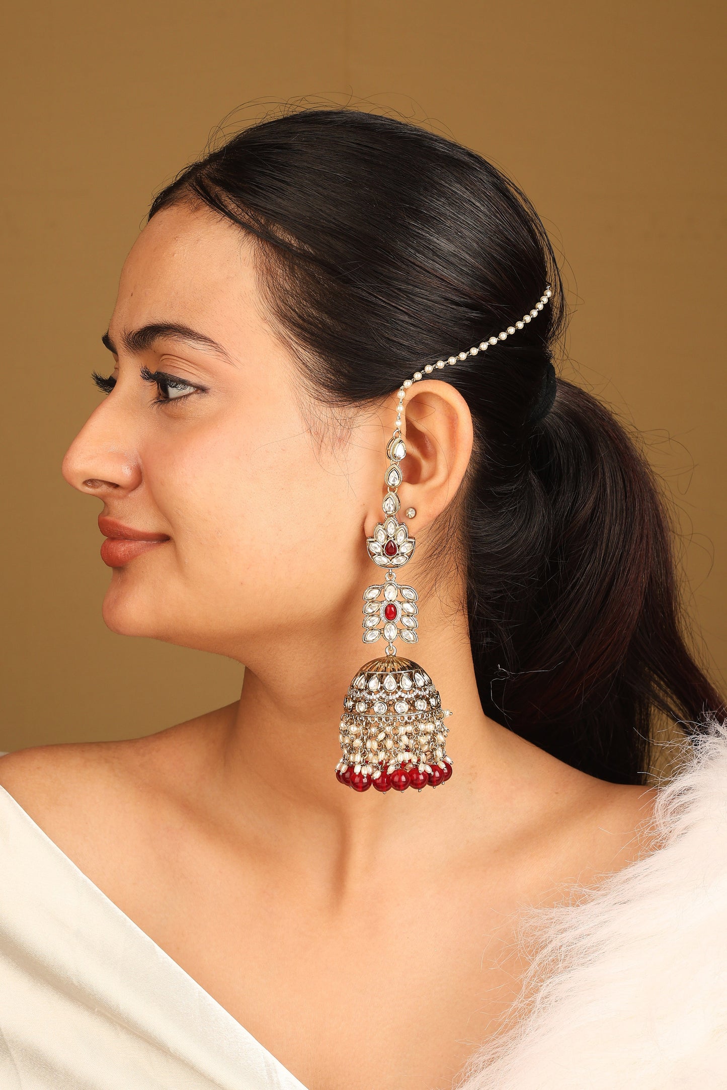 Intricate Design Jhumkas with American Diamonds and Pearls