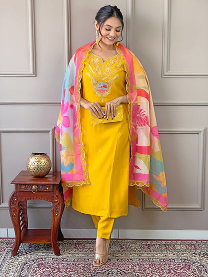 Yellow Embroidered Viscose Fabric Straight Kurta, Pant, and Dupatta Set