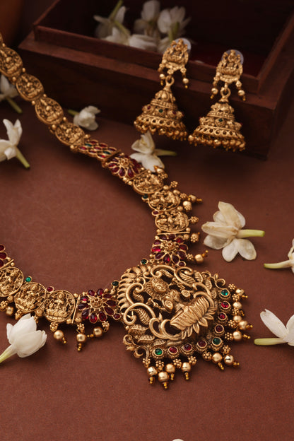 Gold Plated Temple jewellery Necklace Set with Green Drops