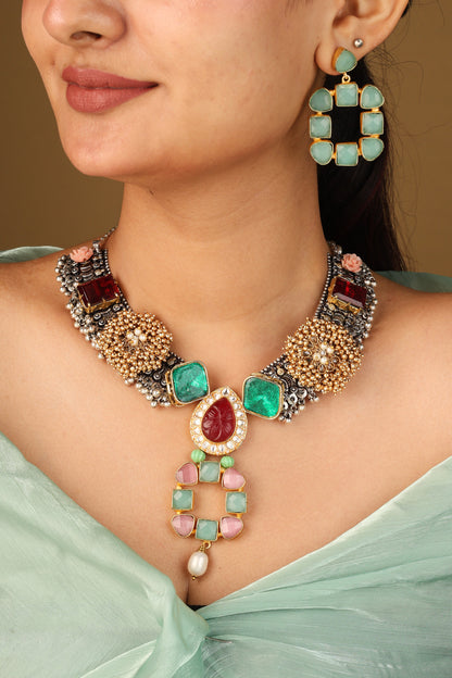 Traditional Jhumki Necklace with Red Stones Rose Pendant and Mint Green Earrings