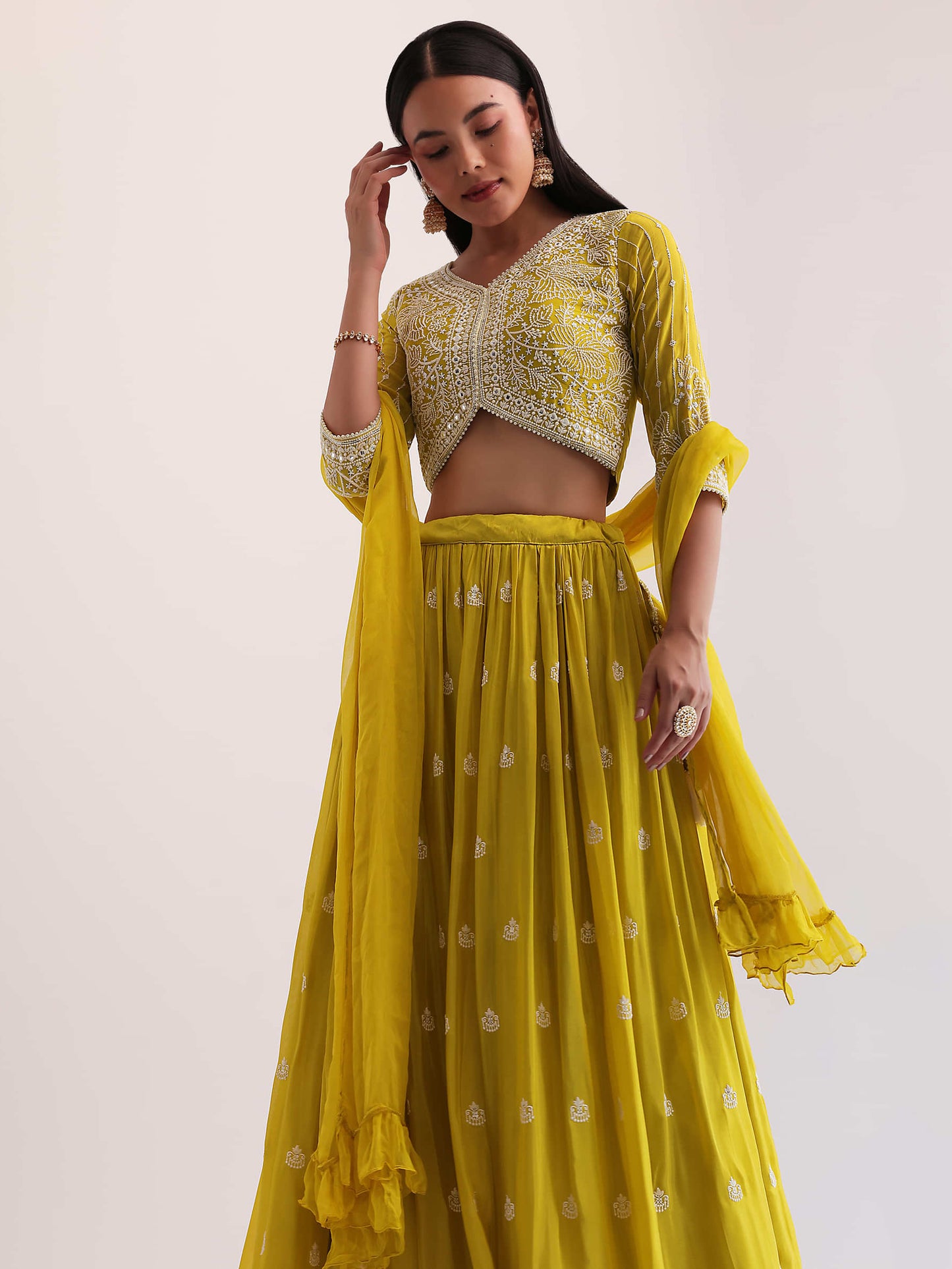 Yellow Embroidered Georgette Haldi Wear Lehenga Choli