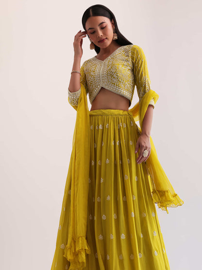 Yellow Embroidered Georgette Haldi Wear Lehenga Choli