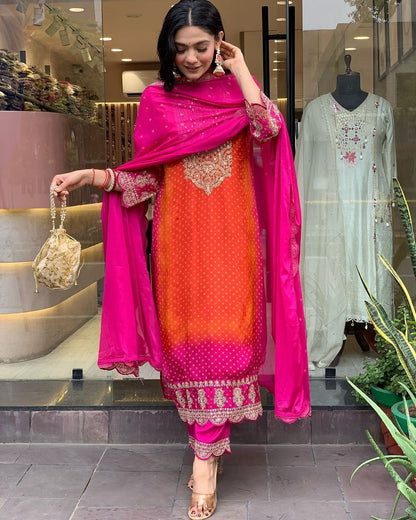 Orange Chiffon Embroidered Kurta Set