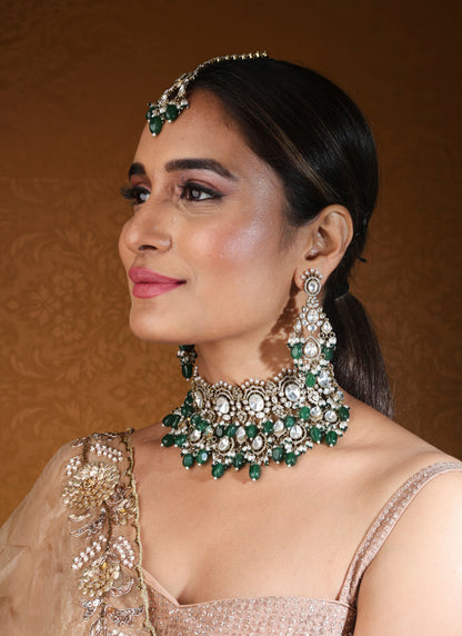 Bridal Choker Necklace with Kundan Stones and Green Drops