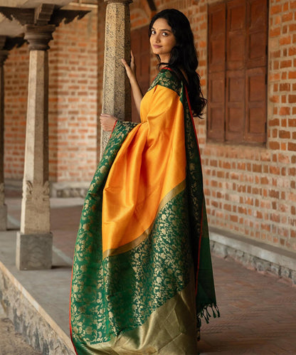 Yellow Flower Lichi Art Silk Saree