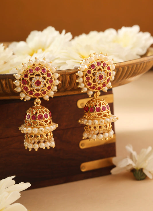 Gold Jhumkas with Pearls and Pink Stone Accents