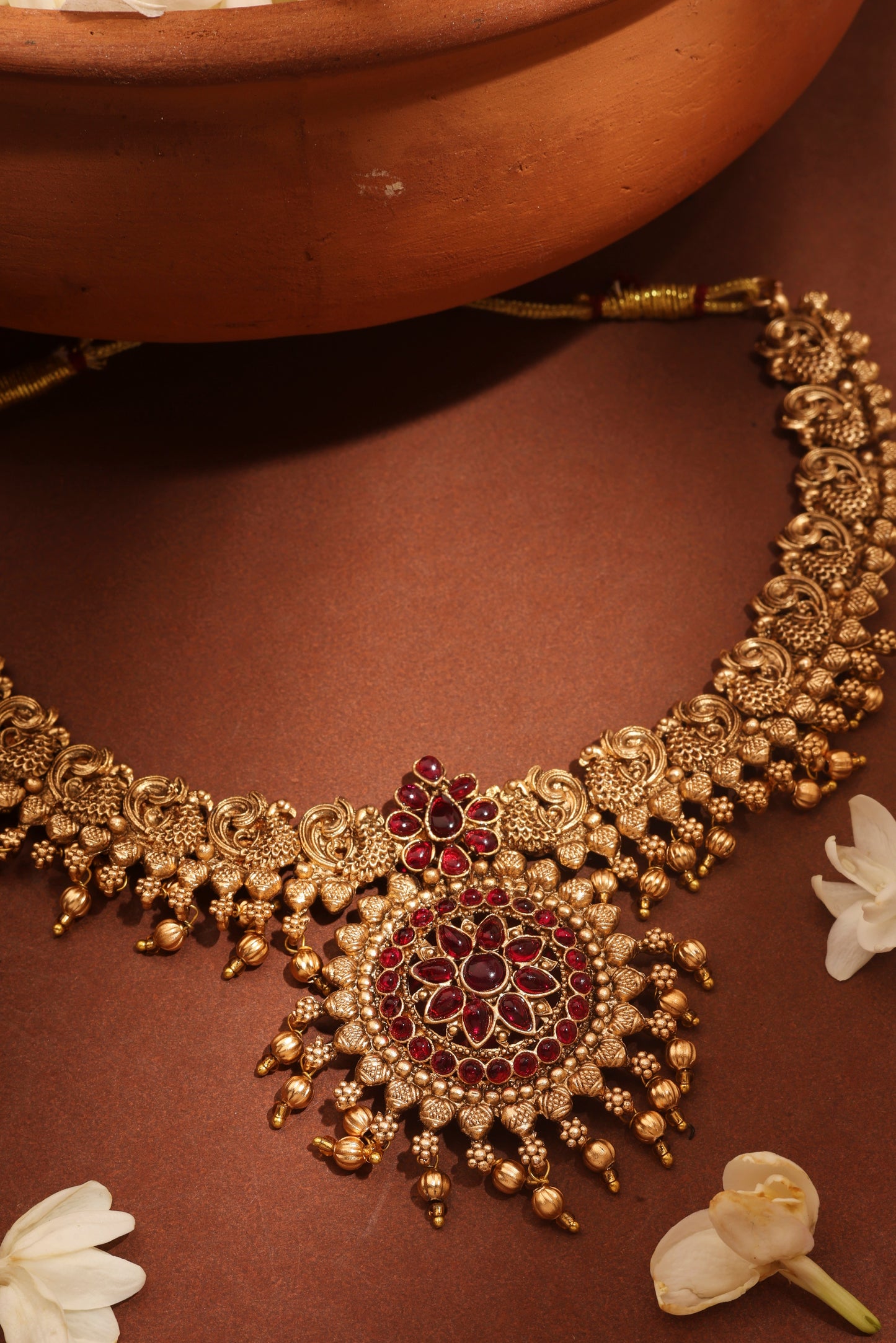 Gold Plated Temple Necklace Set with Peacock Motif