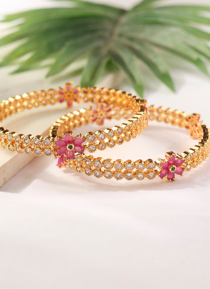 Set of two Gold Bangles with American Diamonds and Pink Stone Flowers